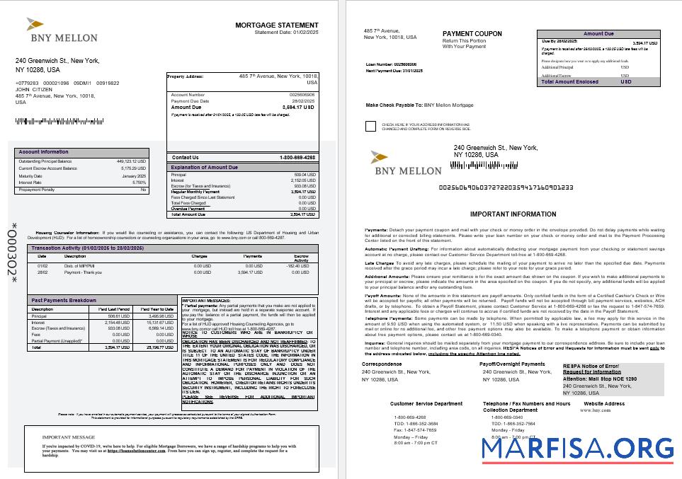Blank USA Bank of New York Mellon bank mortgage statement in Word and PDF formats 1 2 sample